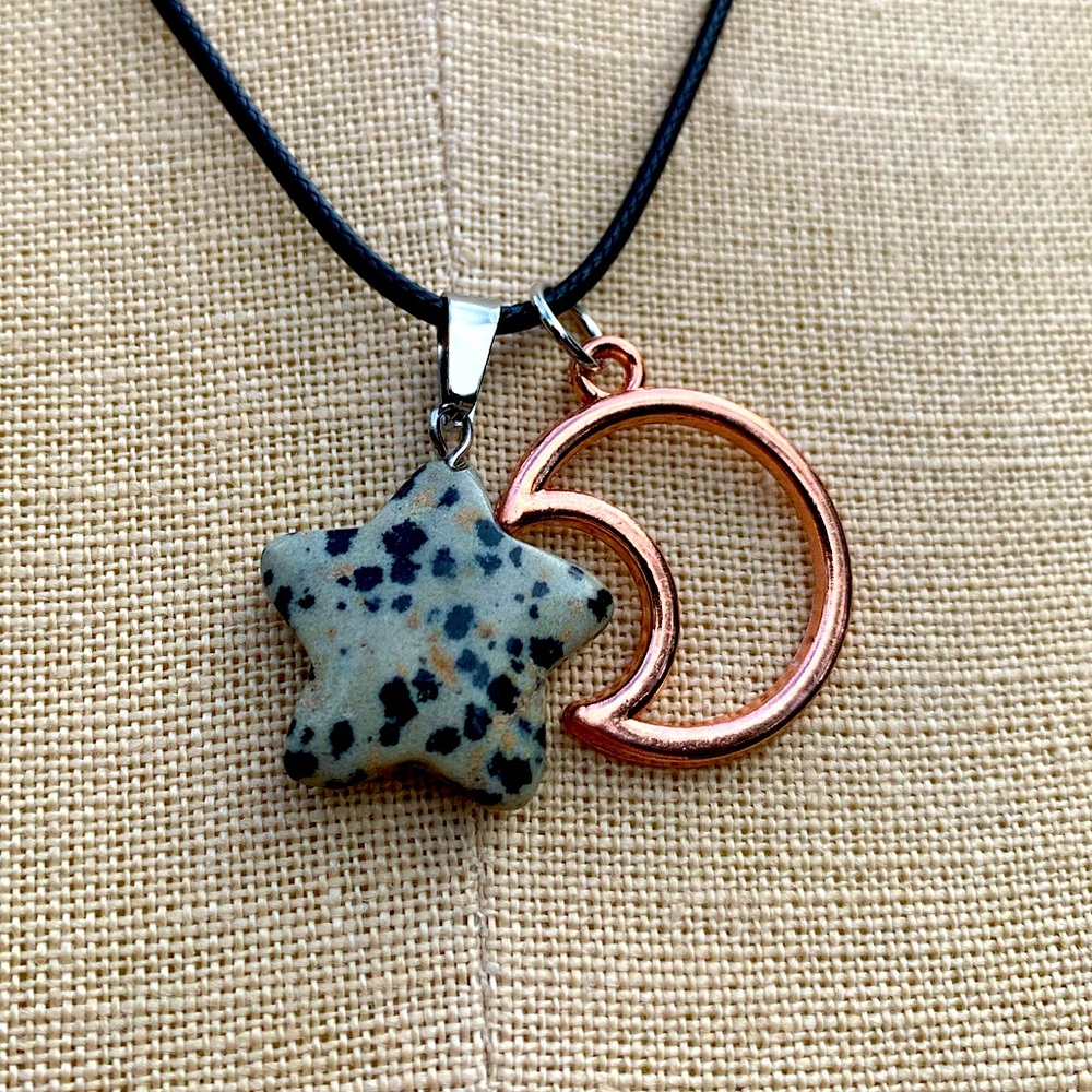 Handmade Dalmatian Jasper Star Stone Amulet with Moon Charm